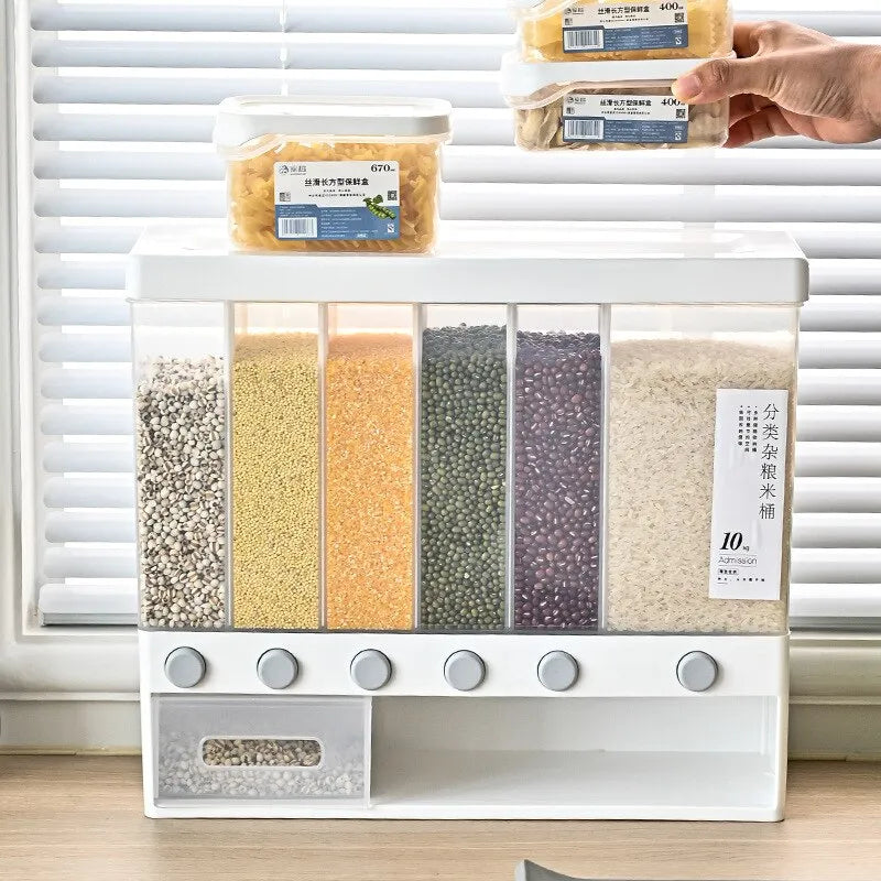 Gawadar Import™ Rice Grain Beans Dispenser 6 Girds Pest-Proof Rack Sealed Food Storage Box for Kitchen and Home Kitchen Dispenser